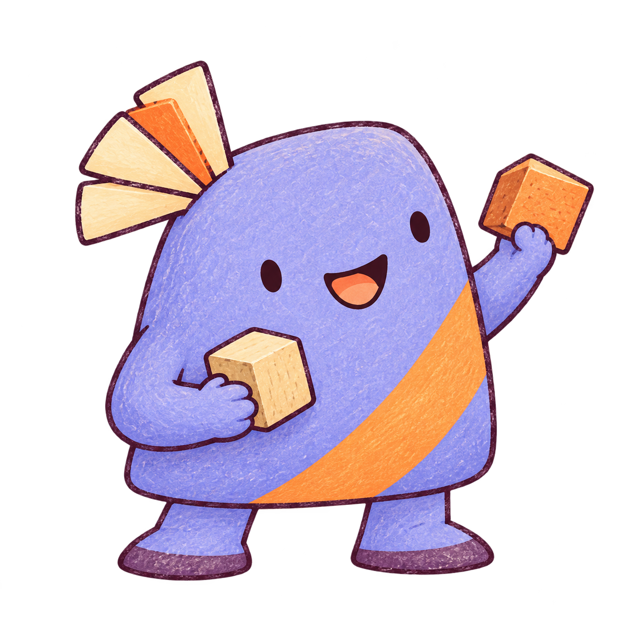 Moru smiling and holding building blocks