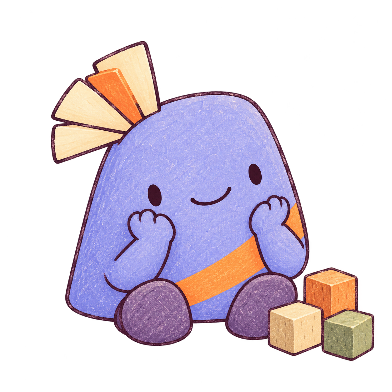 Moru sitting thoughtfully beside blocks
